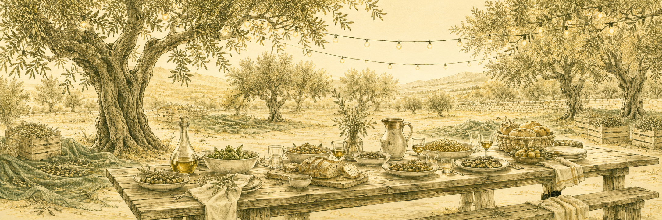 Illustrated harvest lunch beneath Sicilian olive trees